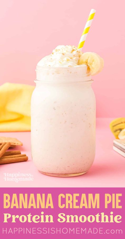 Healthy Banana Cream Pie Smoothie - Happiness is Homemade Best Strawberry Milkshake Recipe, Healthy Banana Cream Pie, Banana Cream Pie Smoothie, Strawberry Milkshake Recipe, Homemade Banana Cream Pie, Blendjet Recipes, Raspberry Lemonade Recipe, Milkshake Recipe Strawberry, Best Healthy Smoothie Recipe