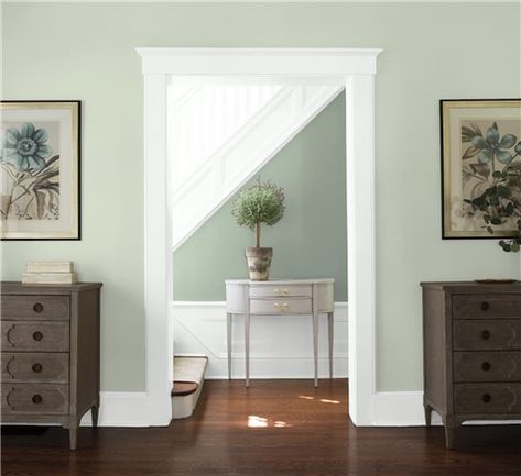 Look at the paint color combination I created with Benjamin Moore. Via @benjamin_moore. Near Wall: Tea Light 471; Far Wall: Sage Wisdom CSP-775; Trim: Decorator's White OC-149. Benjamin Moore Classic Gray, Grecia Santorini, Color Combinations Paint, Santorini Blue, Benjamin Moore White, Best White Paint, Neutral Paint Colors, Paint Colors Benjamin Moore, Benjamin Moore Colors