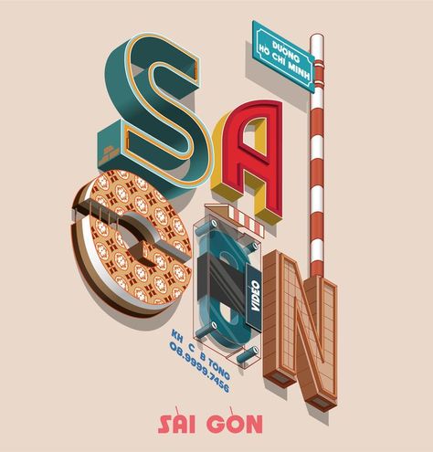 Design by ydat on Behance #type #isometric #typography #saigon Behance Logo Design, Typo Design Typography, Saigon Illustration, Grocery Stor, Text Design Typography, Food Typography Design, Isometric Typography, Utsukushii Kare, Illustration Lettering