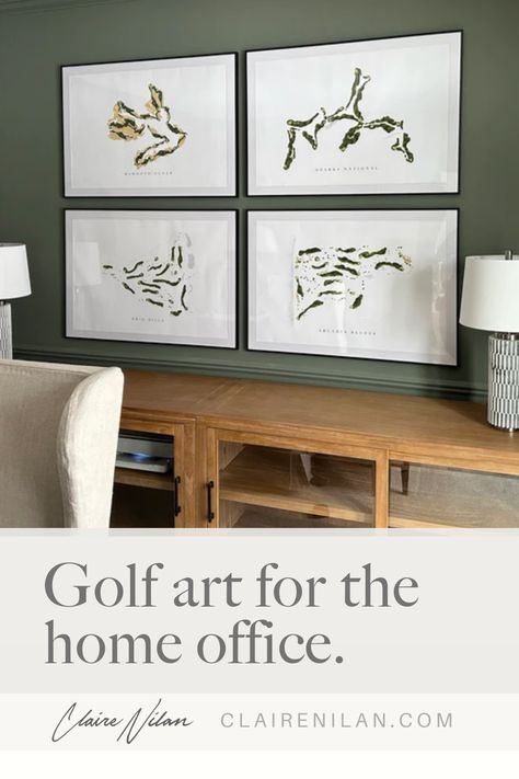 Golf course map art for the home office gallery wall. Masculine modern home decor style ideas. Golf Theme Office Decor, Golf Theme Office Man Cave, Men’s Office Decor Sports, Golf Themed Office Home Decor, Golf Course Art, Golf Office Decor, Golf Room Decor, Home Office Gallery Wall, Guy Bedroom