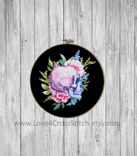 Skull Cross Stitch, Stitch Watercolor, Cross Stitch Tattoo, Contemporary Cross, Cross Stitch Modern, Flower Cross Stitch, Unique Cross Stitch, Watercolor Cross Stitch, Watercolor Cross