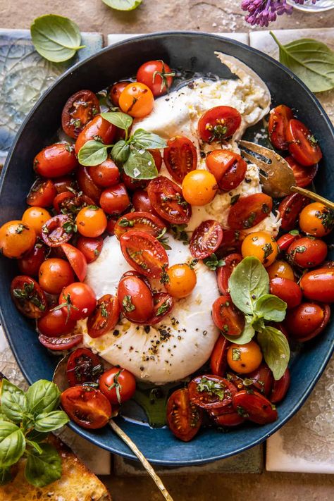 Marinated Cherry Tomatoes with Burrata | halfbakedharvest.com Recipes With Cherry Tomatoes, Tomatoes With Burrata, Marinated Cherry Tomatoes, Italian Bruschetta, Burrata Recipe, Half Baked Harvest Recipes, Avocado Pasta Salad, Marinated Tomatoes, Chicken Chopped Salad