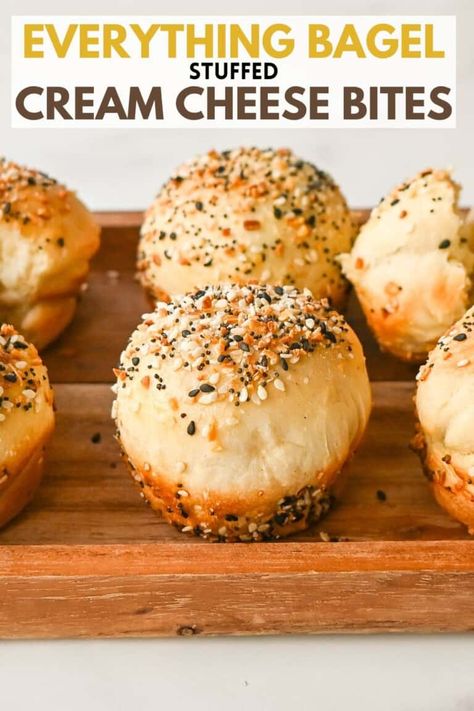 Everything Bagel Cream Cheese Bites. These viral Cream Cheese Filled Everything Bagel Bites are so easy to make and everyone loves them! These Stuffed Bagel Minis are an everything bagel and cream cheese all in one bite. Easy Brunch Appetizers, Everything Bagel Cream Cheese, Everything Bagel Bites, Cinnamon Balls, Bagel And Cream Cheese, Cream Cheese Bites, Rhodes Dinner Rolls, Frozen Dinner Rolls, Modern Honey