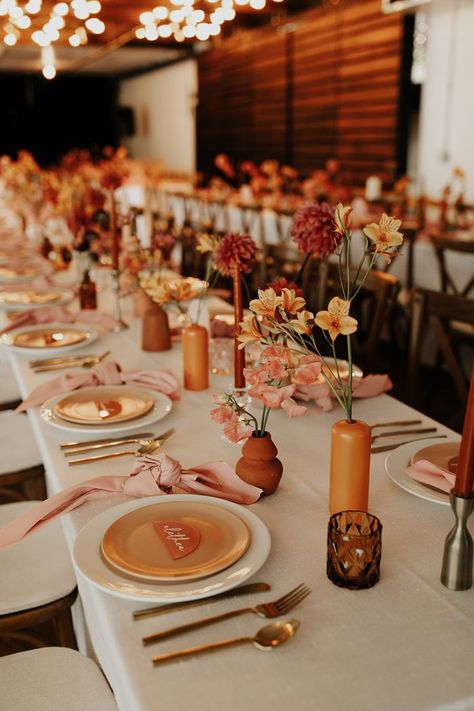 | Image by Tori Osteraa Muted Autumn Wedding, Wedding Aisle Flowers And Candles, Civil Wedding Party, Modern Chic Wedding Decor, Birthday Table Setting Ideas, Modern Autumn Wedding, Mix Match Wedding, Desert Inspired Wedding, 21 Diner