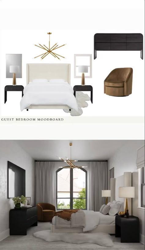 Neutral Bedroom With Black Accents Modern, Grey Bedroom Mood Board, Restoration Hardware Bedroom Ideas, Black White And Gold Bedroom Ideas, Modern Bedroom Mood Board, Rh Bedroom Ideas, Transitional Modern Bedroom, Small Primary Bedroom, Cb2 Bedroom