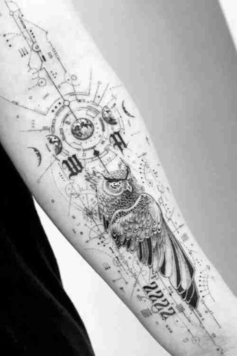 Looking for a unique bird tattoo? Well, we say – the owl tattoo should be on top of your list. Owl is a bird of prey that can be found on almost all continents and places around the world. They are nocturnal beings and as such often connected to the supernatural, mystical and higher intelligence. Let’s dive deeper into owl symbolism, owl meanings and owl tattoo ideas below! Fineline Owl Tattoo, Geometric Owl Tattoo, Chef Tattoo, Fineline Tattoos, Geometric Line Tattoo, Forearm Band Tattoos, Fineline Tattoo, One Piece Tattoos, Tattoo Inspiration Men