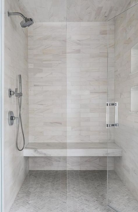 Honed Ivory Marble Shower Tiles with Marble Slab Bench - Transitional - Bathroom Teak Shower Floor, White Beveled Subway Tile, Shower Accent Tile, Marble Shower Tile, House Tweaking, Subway Tiles Bathroom, Marble Showers, Shower Floor Tile, Primary Bathroom