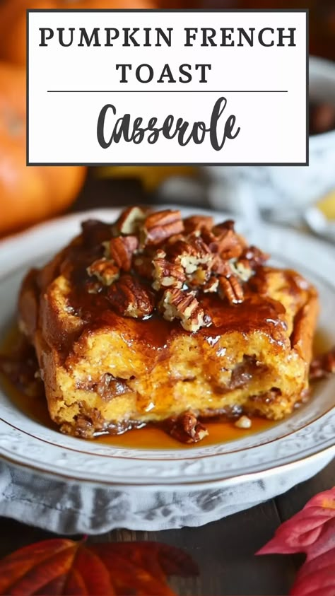 This Pumpkin French Toast Casserole is the ultimate cozy fall breakfast! Made with creamy pumpkin, warm spices, and custardy bread, it’s an easy make-ahead dish perfect for holiday mornings or weekend brunch. Just prep the night before, let it sit in the fridge, and bake when you're ready. Serve it with maple syrup for a decadent treat! Follow me on Pinterest for more delicious recipes like this one! Friendsgiving Brunch, Simple French Toast, Pumpkin French Toast Bake, Pumpkin Foods, Autumn Breakfast, Pumpkin French Toast Casserole, Fall Recipes Breakfast, Thanksgiving Brunch, Thanksgiving Breakfast