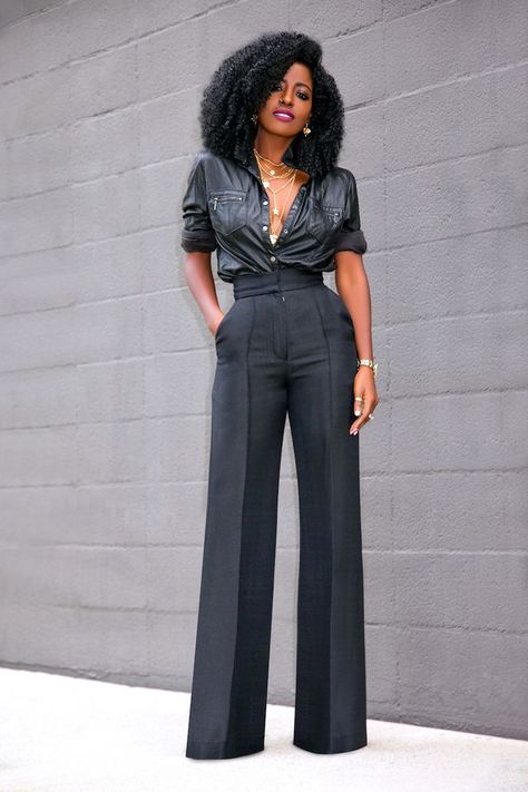 Faux Leather Button Down + High Waist Pants Wide Pants Outfit High Waist Classy, Wide Pants Outfit High Waist, Wide Pants Outfit, Outfit Formal Mujer, Palazzo Pants Outfit, Jazz Night, Style Pantry, Classy Clothes, Mode Kimono