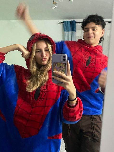 couples goals wearing spiderman onesies cute couple adorable loves boy and girl spiderman couple costume spidey Spiderman Couples, Spiderman Onesie, Spiderman Girl, Man Full Body, Couple Aesthetic, Matching Couples, Ugly Sweater, Couple Goals, Being Ugly