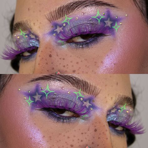 💜✨⭐️ cosmic energy ⭐️✨💜 I decided to revamp a look from last year and it kinda turned into a look of its own. Purple is my favorite color and since I’ve been in a rut I can tell I’ve been using it more when I look through my recent looks. I’ll try to space them out so my feed won’t just be purple. My little princess will be here in a little bit so I’m trying to think of fun stuff for us to do. Hopefully it won’t be super hot out so we can go play outside. do you have any Halloween looks ... Lumpy Space Princess Makeup, Star Makeup Ideas, Multichrome Eyeshadow Looks, Fun Makeup Ideas Colorful, Purple Makeup Aesthetic, New Year Eye Makeup, New Years Eye Makeup, Cool Eyeshadow Looks, Creative Makeup Looks Inspiration