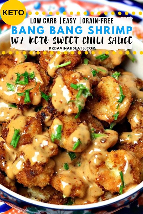 This is a recipe for Bang Bang Shrimp that is grain-free, low carb, keto-friendly and does not use added sugar. I include a quick recipe for the Sweet Thai Chili Sauce, an essential part of Bang Bang Sauce. #keto #shrimp #bangbangshrimp #lowcarb #sugarfree Sweet Thai Chili Sauce, Sweet Thai Chili, Bang Bang Shrimp Recipe, Ketone Recipes, Keto Fish, Keto Shrimp Recipes, Bang Bang Sauce, Keto Shrimp, Thai Chili Sauce