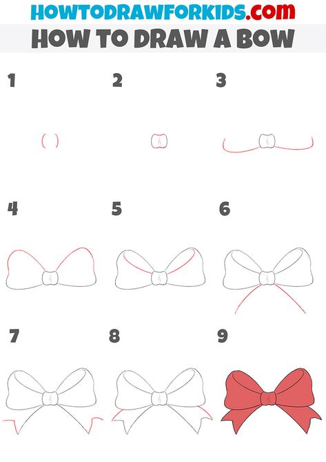 How to Draw a Bow - Easy Drawing Tutorial For Kids Draw A Bow Easy, Ribbon Drawing Tutorial, How To Paint A Bow On Canvas, How To Draw Bows Ribbons, Bow Drawing Tutorial, Easy Bow Drawing, How To Draw A Bow Step By Step, How To Draw A Ribbon, Coquette Drawing Easy