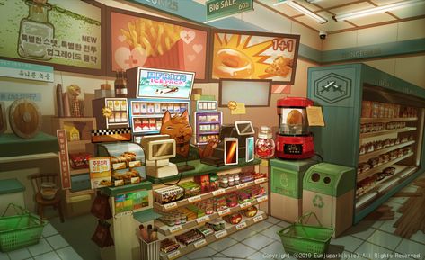 ArtStation - Dungeon 25 -Fantasy Convenience Store, Eunju Park Convience Store Interior, Convenience Store Drawing, Bloxburg Convenience Store, Convenience Store Concept Art, Convienence Store, Convience Store Drawing, Retro Convenience Store, Anime Grocery Store Background, Convenience Store Illustration