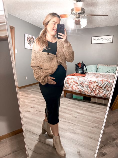 Crop Sweater Maternity Outfit, Maternity Dress With Sweater Over, Maternity Dress With Cardigan, Bodycon Dress With Cropped Sweater Maternity, Thanksgiving Maternity Outfit, Skirt And Sweater Outfit Pregnant, Maternity Sweater Dress With Boots, Dress And Sweater Outfit Pregnant, Dress And Cardigan Outfit