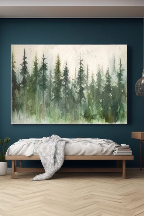 Original handmade forest landscape painting with misty green pine trees on canvas, creating a serene atmosphere Misty Trees Painting, Misty Forest Painting, Tree Abstract Painting, Misty Trees, Forest Landscape Painting, Minimal Painting, Earthy Green, Green Palette, Misty Forest