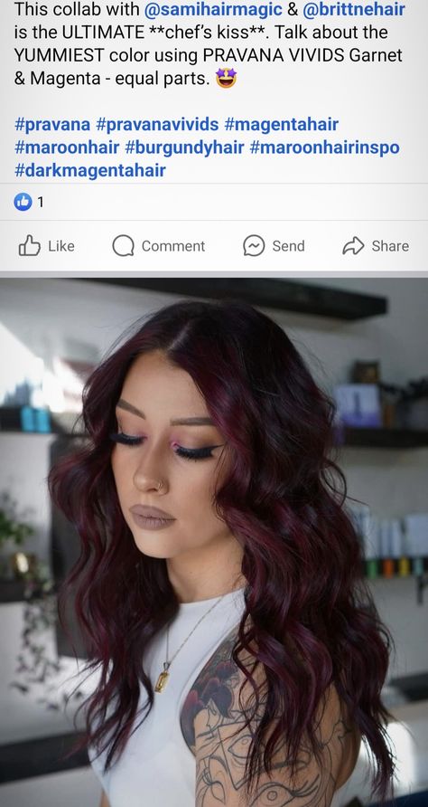 Violet And Magenta Hair, Burgundy Balayage With Money Piece, Plum Hair Formula, Magenta Hair Colors, Burgundy Balayage, Maroon Hair, Magenta Hair, Pravana Vivids, Plum Hair