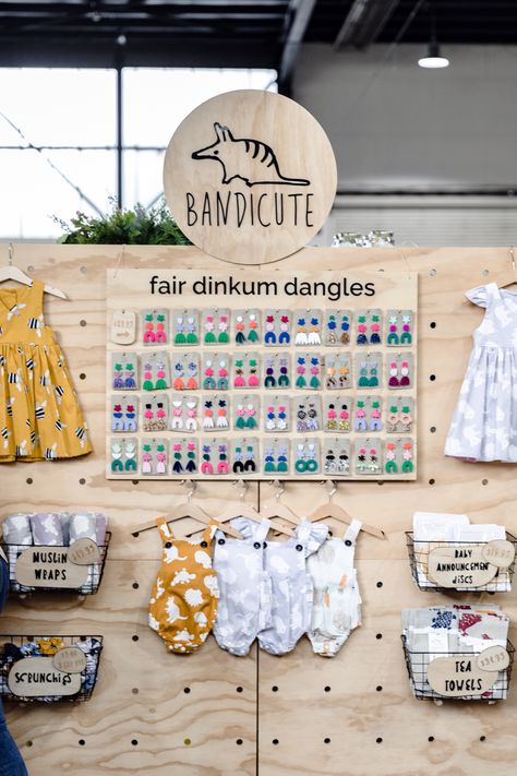 Bandicute's baby clothes and jewellery displayed on their stall setup at Handmade Market Canberra. Setup Inspiration, Handmade Market, Market Stall, Market Stalls, Canberra, Educational Resources, Tea Towels, Marketing, Design