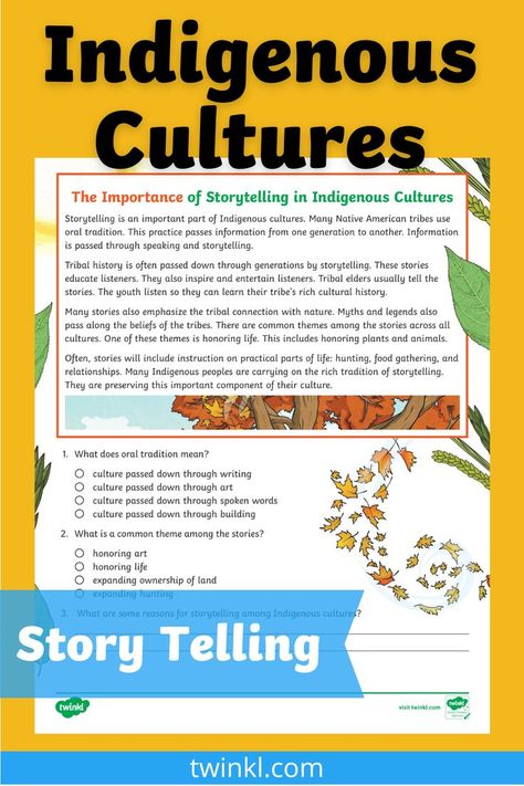 This wonderful reading comprehension task challenges your children to make connections with other cultures. What better way to do this than by experiencing indigenous storytelling activities and learning about the importance of stories to indigenous communities?

The short passage of text explores oral tradition, how stories are told to educate, and how culture is kept alive through storytelling. Indigenous Peoples Day Activities, Indigenous Practices, Indigenous Teachings, Storytelling Activities, Passage Comprehension, Story Telling Activities, Native American Stories, Phonics Reading Passages, Indigenous Education