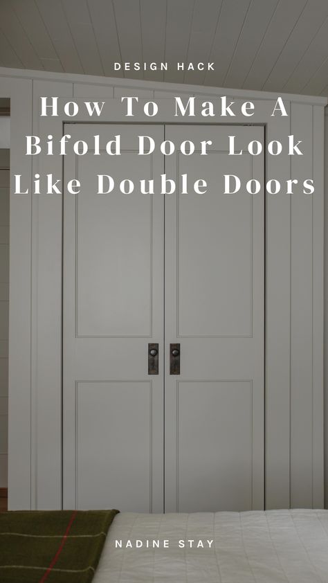 How to make a bifold door look like double doors - add a second knob. My favorite Bifold door hack. Closet door makeover by Nadine Stay. Antique brass, bronze, unlacquered brass, and chrome door knobs and backplates that make doors, bifold doors, and closet doors look high end. Antique replica door hardware. | Nadine Stay #antiqueknobs #closetdoorknobs #bifolddoorknobs #doorknobs #antiquehardware #backplates #brassknob #chromeknob #bronzeknob Closet Doorknob Ideas, Folding Closet Door Handles, Closet Door Hardware Pulls, Hardware For Bifold Closet Doors, Alternate To Bifold Closet Doors, High End Interior Doors, Bifold Door Knobs Hardware, Changing Bifold Doors To Regular Doors, Closet Door Knob