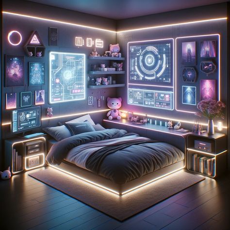 Scifi Bedroom Concept Art, Tech Bedroom Ideas, Cyberpunk Bedroom Ideas, Cyberpunk House Interior, Technology Bedroom, Cyberpunk Aesthetic Room, Cyberpunk Room Interiors, Futuristic Bedroom Design, Futuristic Bedroom Ideas