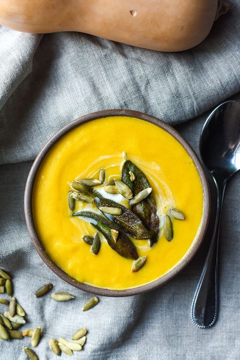 Creamy Butternut Squash Soup with Fried Sage & Pepitas | RD-Licious - Registered Dietitian - Columbia, SC Sage Butternut Squash, Creamy Butternut Squash Soup, Butternut Squash Cinnamon, Fried Sage, Nutrition Therapy, Creamy Butternut Squash, Butternut Squash Recipes Soup, Raw Pumpkin Seeds, Squash Soup Recipe