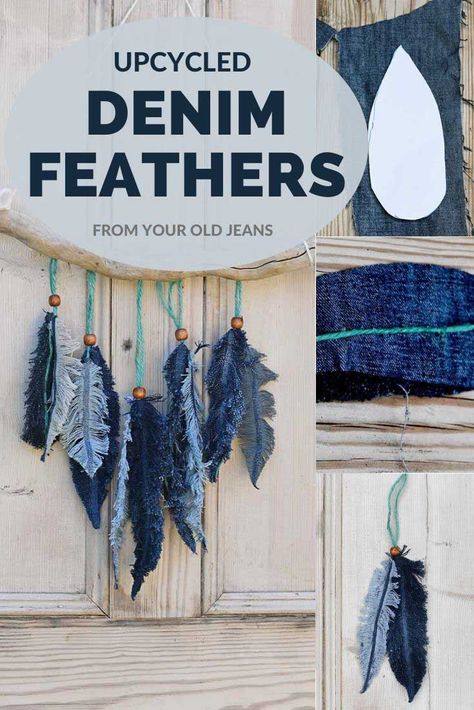 Denim Feathers, Återvinna Jeans, Artisanats Denim, Feather Wall Decor, Feather Diy, Denim Crafts Diy, Diy Denim, Upcycle Clothes Diy, Blue Jeans Crafts