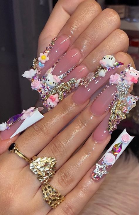 Nail Cam, Junk Nails, Retro Nails, Punk Nails, Nails Design With Rhinestones, Colored Acrylic Nails, Girly Acrylic Nails, Cute Acrylic Nail Designs, Hello Kitty Nails