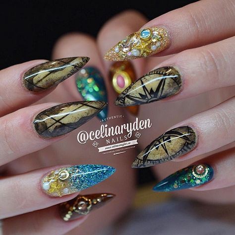 Stiletto Nails Inspired by Disney's "Pirates of The Caribbean" Pirates Of The Caribbean Nails, Pirate Nail Art, Caribbean Nails, Portugal Nails, Pirate Nails, Nails Disney, 3d Acrylic Nails, Useless Things, Disney Inspired Nails