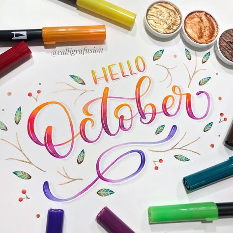 Hello October!!🍂🍁✨I can’t believe it’s already October. I have been focusing on practice these days so haven’t posted anything for while 😓… Ideas Titulos, Calligraphy Hello, Artistic Lettering, Brushpen Lettering, Ideas Apuntes, October Quotes, October Wallpaper, Calligraphy Ideas, Calligraphy Drawing