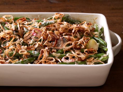 Green Bean and Pearl Onion Casserole recipe from Tyler Florence via Food Network Thanksgiving Green Bean Casserole, Thanksgiving Green Beans, Holiday Casseroles, Christmas Casserole, Onion Casserole, Chicken Green Beans, Crispy Shallots, Greenbean Casserole Recipe, Pearl Onions