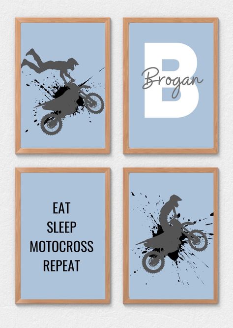 EAT SLEEP MOTOCROSS REPEAT PERSONALISED NAME MOTOCROSS THEME PRINTS. Great idea for boys who love their motorbikes.  DETAILS ♥ Set of four motorcross themed prints personalised with a name of your choice.  ♥ Digitally printed on A4 200gsm Gloss photo paper with high quality inks. ♥ THIS LISTING IS FOR THE PRINTS ONLY - FRAME NOT INCLUDED DELIVERY & DISPATCH TIMESCALES ♥ All orders are processed and dispatched within 3-5 working days. ♥ All UK orders are sent via Royal Mail 2nd class ** Please no Motorbike Theme Bedroom, Dirtbike Themed Nursery, Motocross Boys Room, Motocross Wall Art, Dirt Bike Wall Art, Boys Bedroom Decor, Eat Sleep, Boy's Bedroom, Bedroom Themes