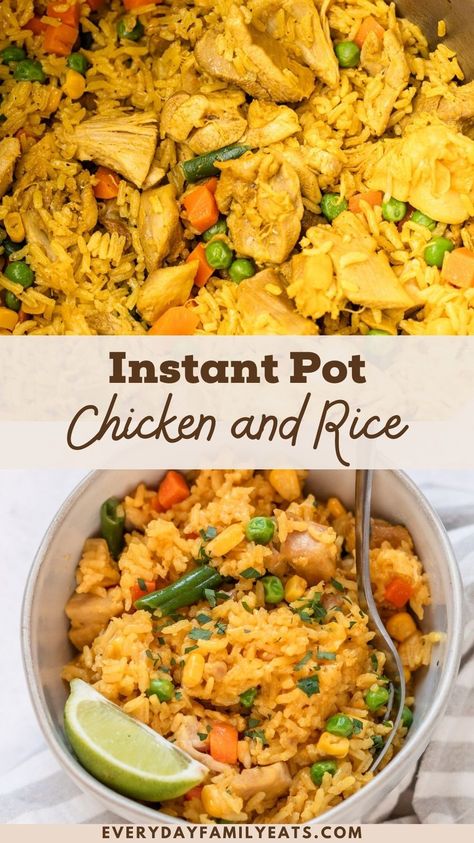 An easy one-pot meal, this Instant Pot Chicken Thighs and Rice with tender chicken, tons of veggies, and lightly spiced rice make a wholesome, quick meal for a weeknight dinner win. Chicken And Brown Rice Recipes, Instant Pot Chicken And Rice, Healthy Family Recipes, Chicken And Rice Recipe, Chicken And Brown Rice, Brown Rice Recipes, Easy One Pot Meals, Healthy Instant Pot Recipes, Healthy Family Meals