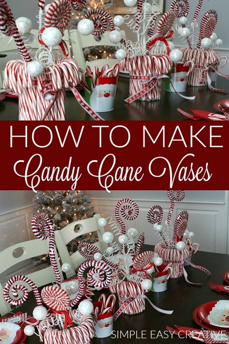 How to make Candy Cane Vases :: #christmascraft #christmasdecor Candycane Centerpiece Ideas, Candy Cane Vase Diy, Candy Cane Christmas Ornaments Diy, Candy Cane Display Ideas, Candy Cane Christmas Centerpieces, How To Make Candy Cane Decorations, Decorating With Candy Canes, Candy Cane Table Decorations, Candy Cane Party Theme