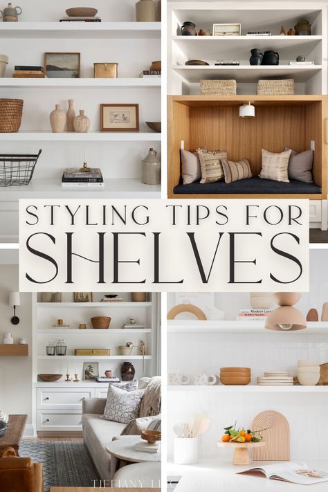 Curated Shelves Living Rooms, Style Shelves Living Room Built Ins, Decorating Wall Shelves Living Room, Two Floating Shelves Living Room, How To Style Open Shelves Living Rooms, Built In Floating Shelves Living Room, Built In Shelves Living Room Styling, Styling Long Shelves, Built In Shelves Small Living Room