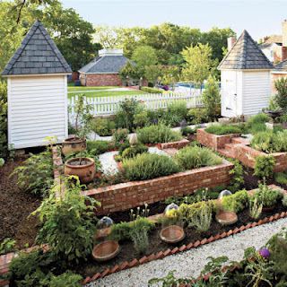 Delightful brick raised bed garden and detatched turrets (sheds) to match a vintage home. Colonial Garden, No Grass Backyard, Concrete Patios, Herb Garden In Kitchen, Herb Garden Design, Potager Garden, Veg Garden, Have Inspiration, The Secret Garden