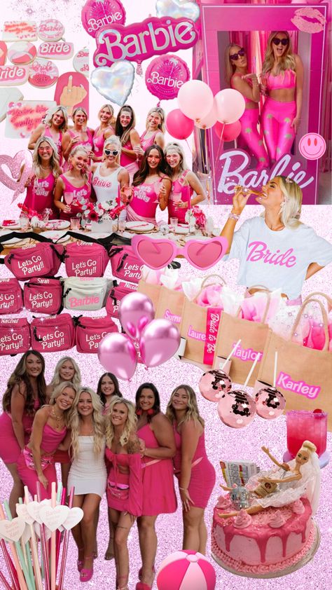 Barbie pink bachelorette party theme with outfits and decor inspo Barbie Party Theme Outfit, Paris Hilton Bachelorette Party, Barbie Theme Mood Board, Come On Barbie Let’s Go Party Bachelorette, Barbie Cowgirl Bachelorette, Barbie Themed Hens Party, Barbie Bachelorette Outfit, Pink Ladies Bachelorette Party, Barbie Theme Hen Party