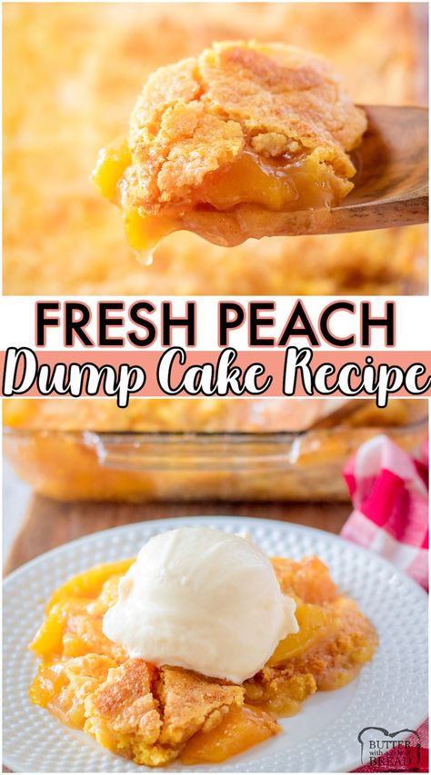 Fabulous Peach Dump Cake recipe made with spiced peaches, a cake mix and BUTTER for a super easy, delicious dessert. Just 4 ingredients & a few minutes of prep and you're on your way to this dreamy peach cobbler. #peach #cobbler #dumpcake #peaches #baking #easyrecipe from BUTTER WITH A SIDE OF BREAD Super Easy Peach Cobbler Recipe, Cake Mix Peach Cobbler, Cobbler Peach, Cobbler Dump Cake, Peach Desserts Easy, Easy Delicious Dessert, Peach Cobbler Dump Cake, Pudding Cakes, Easy Peach Cobbler