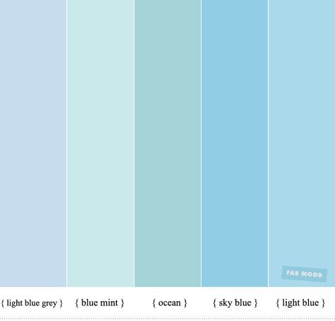 Shades of Blue Color Inspiration : Blue + Mint and Ocean Color Scheme #color #colorpalette #colortheme #colorscheme Different Shades Of Light Blue, Ocean Blue Wall Paint, Blue Mint Aesthetic, Light Blue Colour Palette, Light Blue Color Scheme, Light Shades Of Blue, Sky Blue Color Palette, Light Blue Palette, Light Blue Color Palette