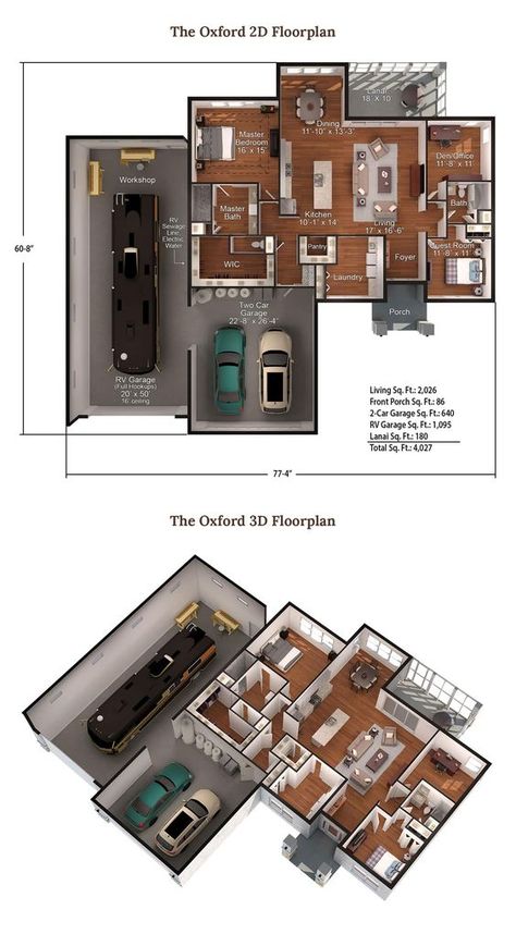 The Oxford Floorplan Rv Garage Plans With Workshop, Shop House With Rv Garage, House With Gym Floor Plans, Small Barndominium With Rv Garage, Barndominium Rv Garage, Home Plans With Rv Garage, Barndominium Floor Plans With Rv Garage, Rv Port Homes Floor Plans, Barndominium Ideas With Rv Garage