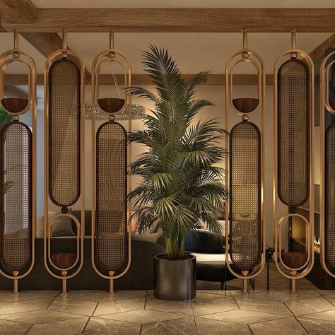 Foyer Interior Design, Wall Partition Design, Art Deco Hotel, Metal Room, Stairway Lighting, Name Plate Design, Beautiful Home Gardens, Pillar Design, Divider Design