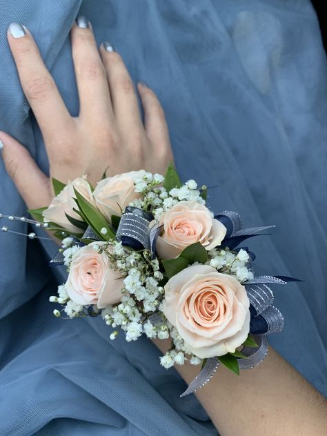 Navy And Pink Corsage, Prom Flowers For Navy Blue Dress, Corsage With Blue Dress, Pink And Blue Corsage Prom, Navy And Gold Corsage, Corsage For Navy Blue Dress, Blue And Pink Corsage, Corsage For Blue Dress, Blue Dress Corsage