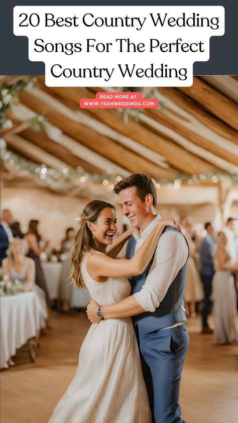 A happy couple dancing at their country-themed wedding, surrounded by rustic decorations. The bride and groom are smiling as they share a romantic moment on the dance floor, highlighting the joy and love captured in the best country wedding songs. Wedding Song List Country, Country Father Daughter Dance Songs, Country First Dance Songs, Country Love Song Lyrics, Best Country Wedding Songs, Country Wedding Songs, Father Daughter Dance Songs, Country Bridesmaid, Wedding Song List