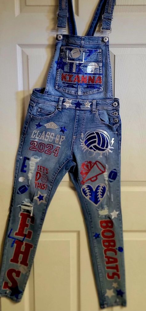 School Spirit Jeans Add your personalization  Our store requires that  customers send the desired jeans through mail. Address and design will be discussed during consultation. Senior Bibs High School, Blue Out School Spirit, School Spirt Pants, High School Senior Overalls, Cute Painted Jeans School Spirit, Spirit Day School Colors Outfit, Spirt Jeans Homecoming, Diy Spirit Jeans, Overall Design Ideas