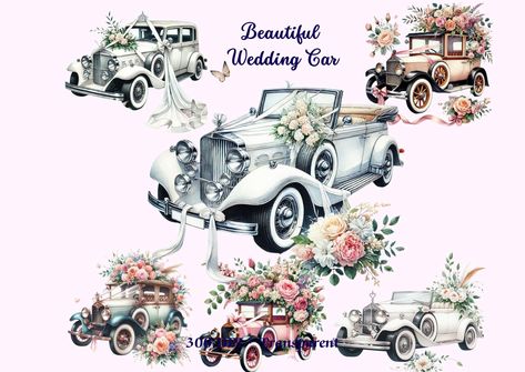 Auto Clipart, Car Clipart, Just Married Car, Retro Printables, Auto Retro, Beige Wedding, Wedding Clip, Free Wedding Printables, Victorian Flowers