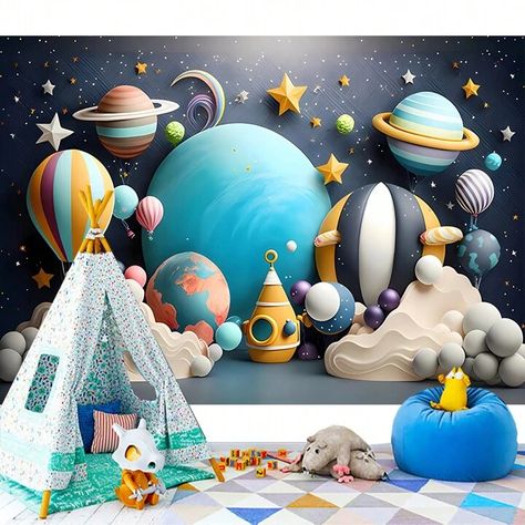 1pc Blue Outer Space Themed Birthday Party Backdrop Photography Background, Including Rocket, Planet And Balloon, Ideal For 1st Birthday Party Decoration | SHEIN USA Birthday Back Drop Diy, Red Carpet Backdrop, Diy Birthday Backdrop, Cake Smash Backdrop, 1st Birthday Party Decorations, Happy 21st Birthday, Photo Booth Backdrop, 4th Birthday Parties, Birthday Backdrop