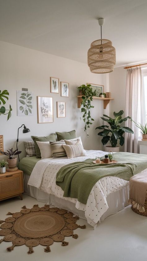 Room Decor Sage Green Aesthetic, Wicker And Green Bedroom, Green Aesthetic Apartment Decor, Light Green House Aesthetic, Green Clean Room Aesthetic, Girly Plant Bedroom, Green And Wood Apartment, Boho Bedroom Ideas Sage Green, Vintage Plant Bedroom