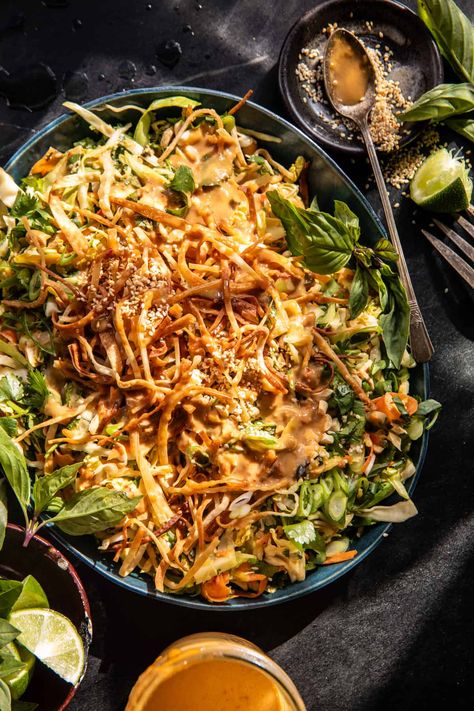 Chopped Thai Crunch Chicken Salad. Half Baked Harvest Chopped Thai Crunch Chicken Salad, Chicken Cashew Crunch Salad, Chinese Chopped Salad, Thai Peanut Wraps Chicken, Salad Ingredients Ideas, Spicy Noodle Salad, Crispy Asian Salad, Colorful Food Recipes, Easy Salad Recipes For Dinner