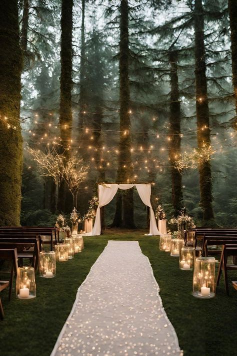 Woodsy Wedding Altar, Rustic Wedding Venues Outdoor, Enchanted Backyard Wedding, Twilight Aesthetic Wedding, Outdoor Wedding Color Schemes, Moonlit Wedding, Small Forest Wedding, Single Pringle, Night Weddings