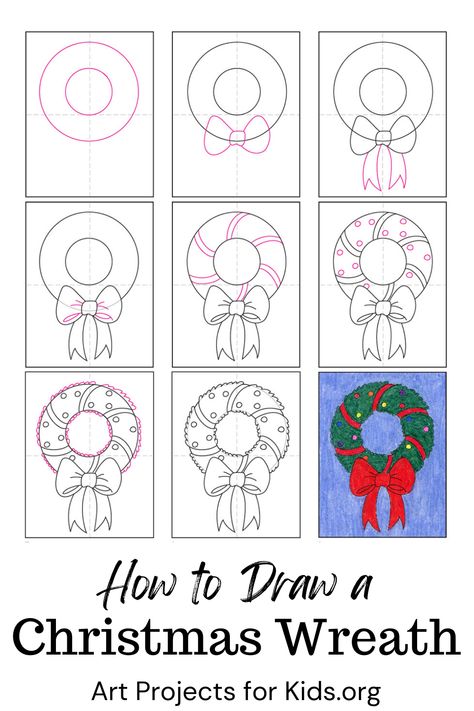 Christmas How To Draw, How To Draw A Wreath, Step By Step Drawing Christmas, Draw Christmas Wreath, How To Draw Christmas, How To Draw Christmas Stuff, Art Curriculum Elementary, Drawing Projects For Kids, Easy Christmas Drawings